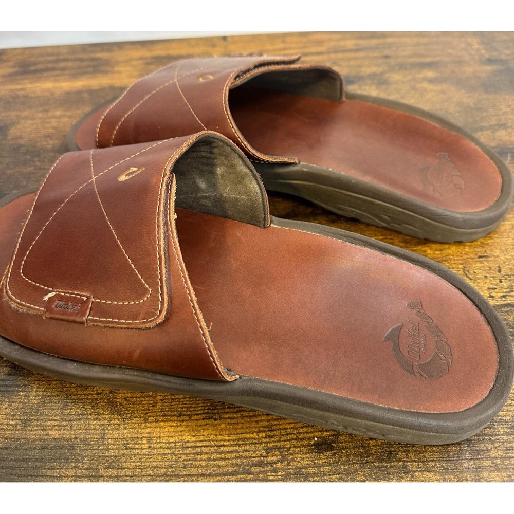 OluKai Ohana Leather Slide Mens 14 Brown Dark Wood Sandals 10137-4848 EUR 47 - Picture 7 of 14